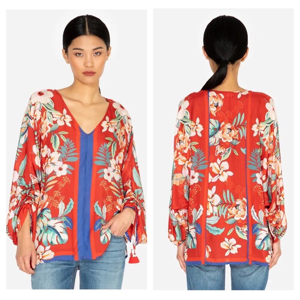 Johnny Was Evy Red Floral 100% Silk Blouse Medium Boho Resort Lightweight Chic